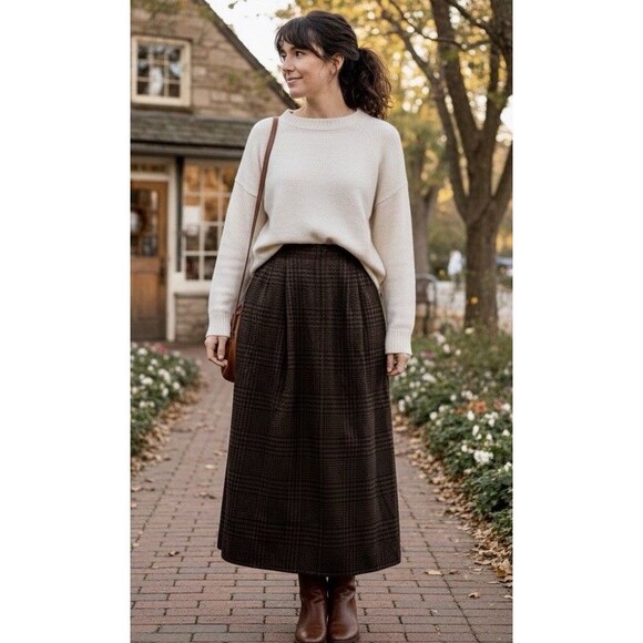 J.Crew Women’s Pure Wool Dark Academia Brown Plaid Maxi Skirt Officecore Sz 8 - Picture 2 of 8